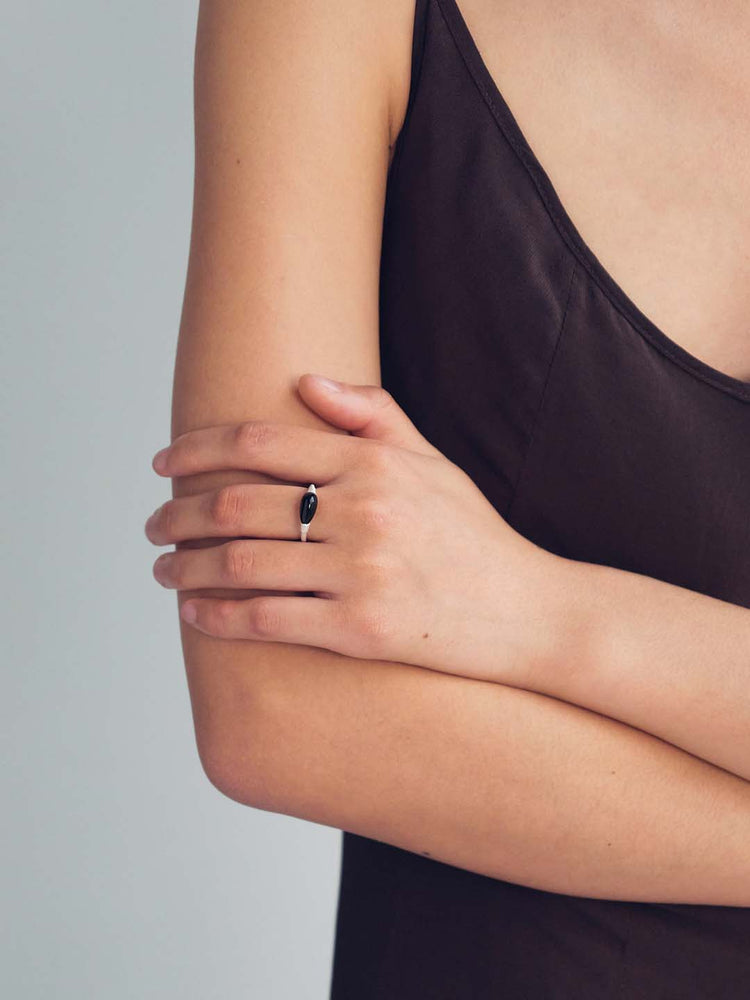 Black Agate Droplet Ring
