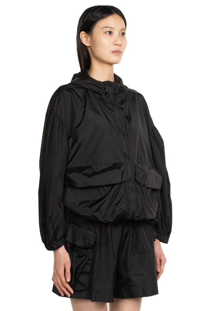 Cargo Flap Pocket Puff Sleeve Drawstring Jacket Black