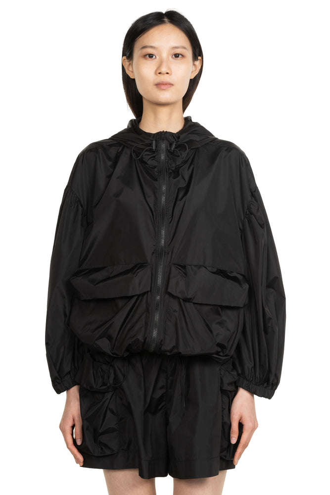 Cargo Flap Pocket Puff Sleeve Drawstring Jacket Black