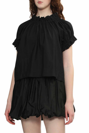 Elasticated Gathered Ruffle Tulip Top Black