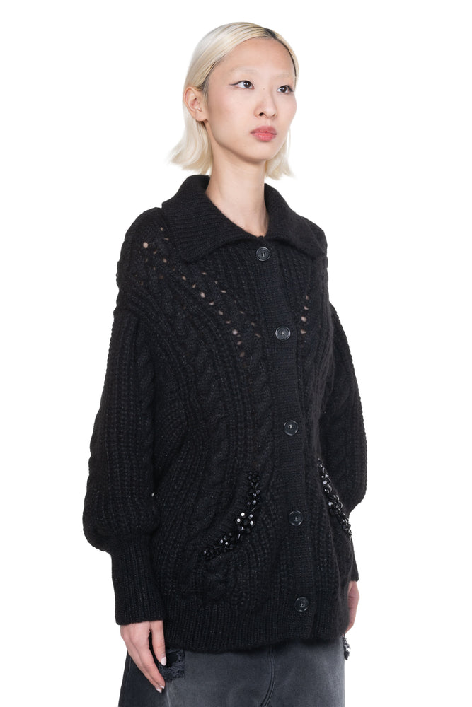 Embellished Sculpted Collared Chunky Knit Cardigan Black