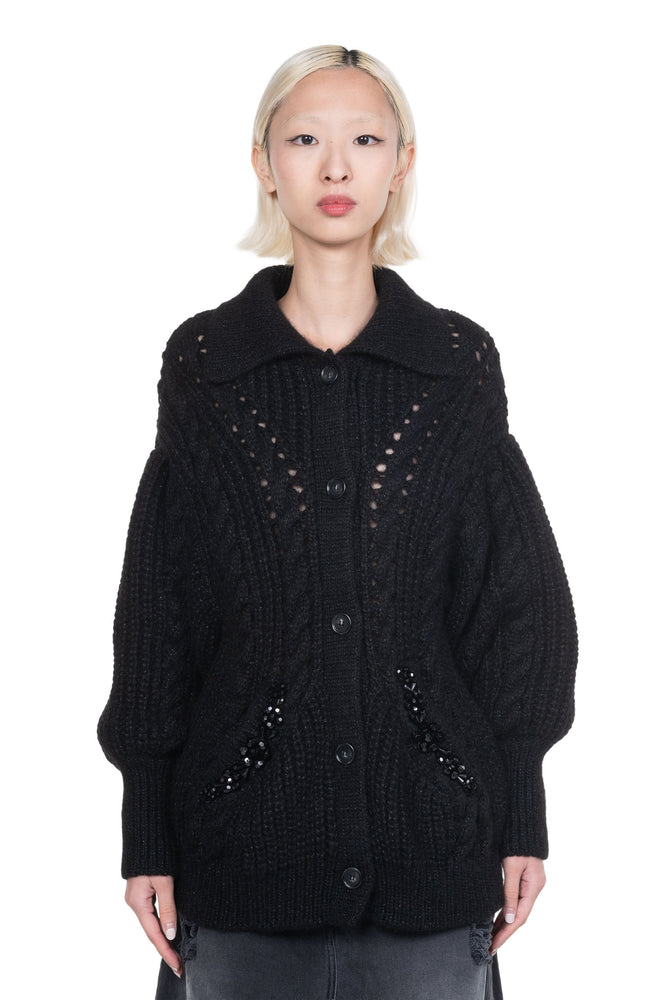 Embellished Sculpted Collared Chunky Knit Cardigan Black