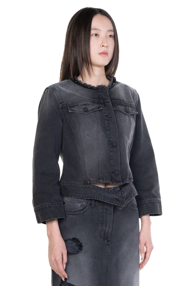 Embellished Fitted Waist Tail Denim Jacket Black