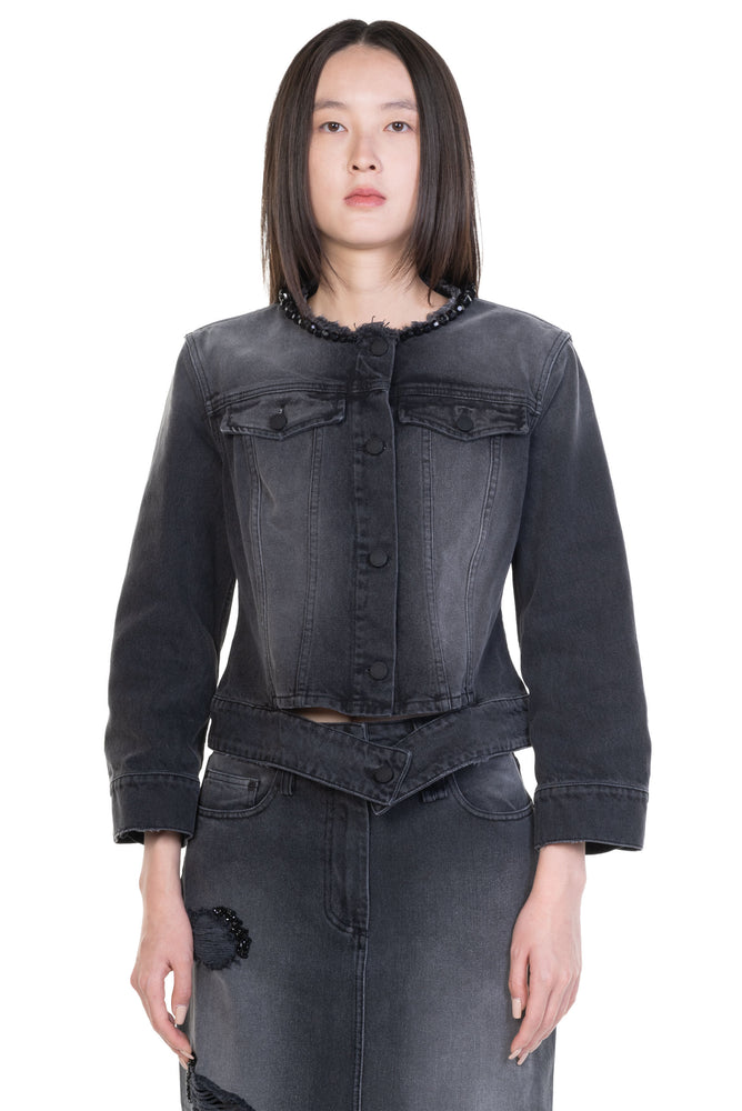 Embellished Fitted Waist Tail Denim Jacket Black
