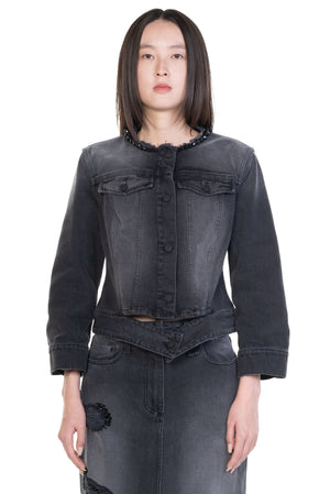 Embellished Fitted Waist Tail Denim Jacket Black