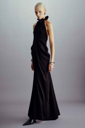 Gathered Collar Draped Dress Black