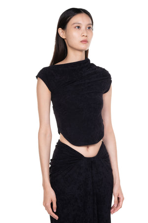 Gathered Velvet Jersey Top Black