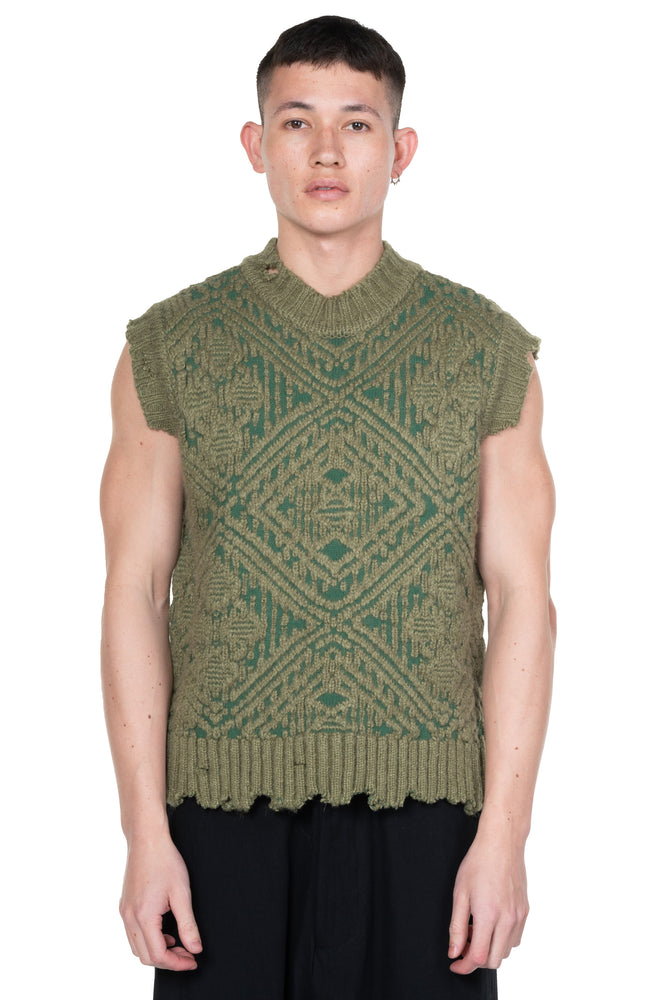 Knitted Jacquard Crew-neck Vest Khaki