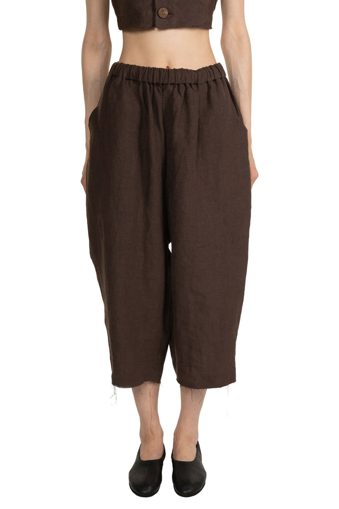Linen Elastic Trousers Brown