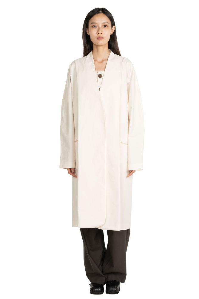 Long White Collarless Coat