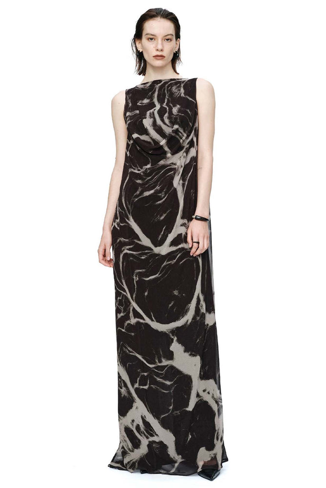 Printed Draped Double Layered Dress Black