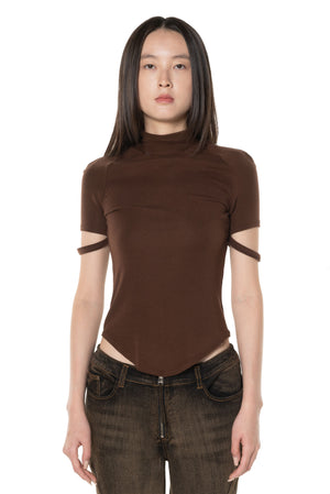 Ribbed Jersey Mock Neck T-Shirt Reddish Brown