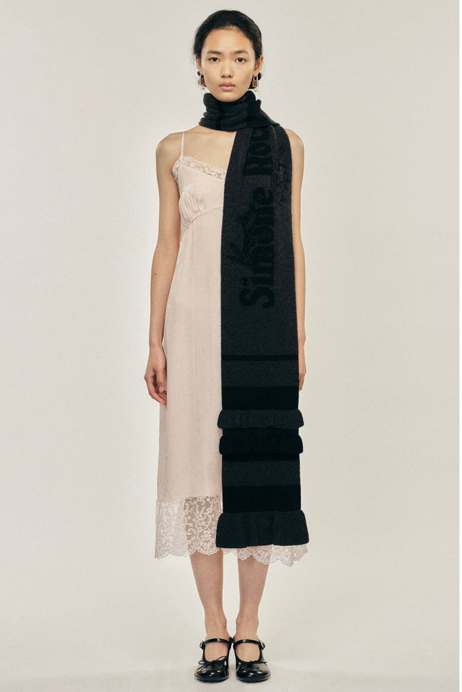 Ruffle Graphic Logo Knit Scarf Black