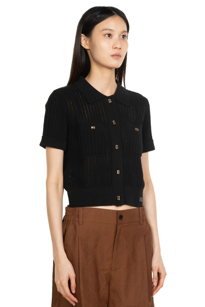 Short Sleeve Pocket Knit Cardigan Black