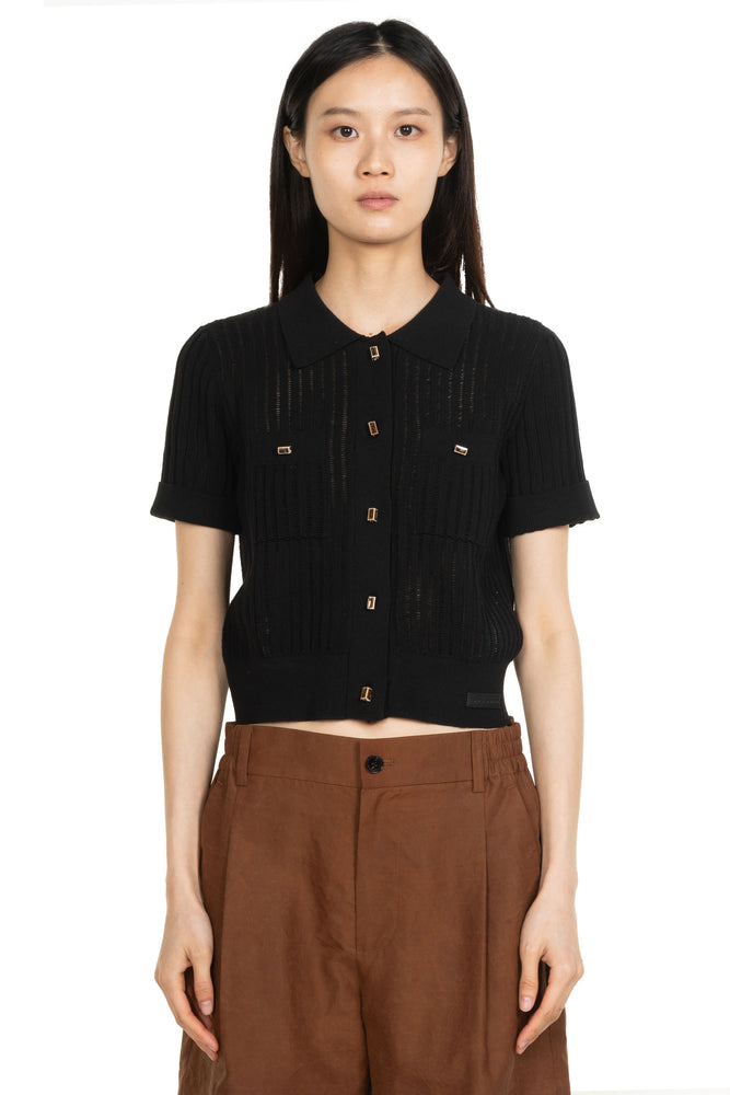 Short Sleeve Pocket Knit Cardigan Black