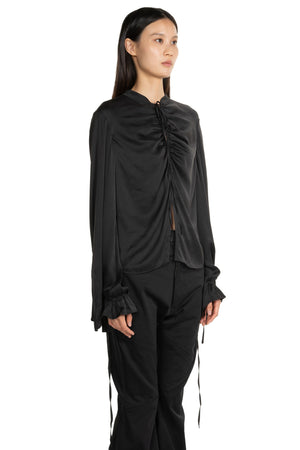 Tie Fastening Gathered Silk Shirt Black