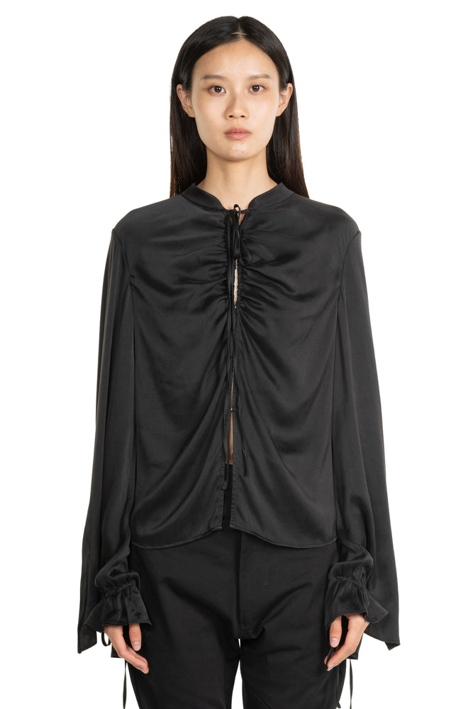 Tie Fastening Gathered Silk Shirt Black