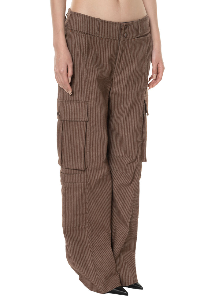 Washed Corduroy Wide-Leg Cargo Pants Grey Brown