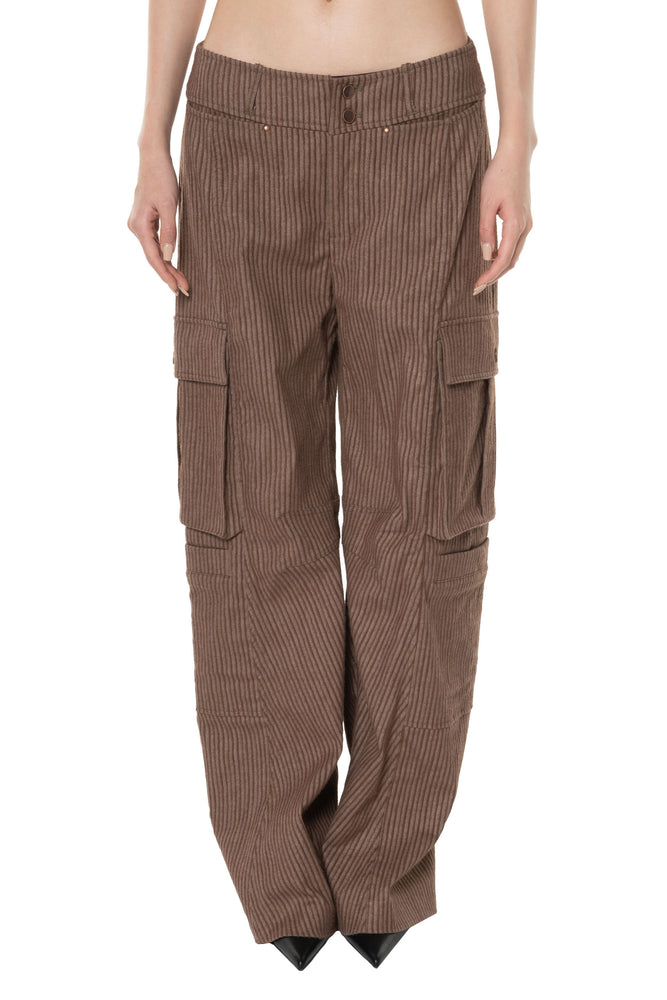 Washed Corduroy Wide-Leg Cargo Pants Grey Brown