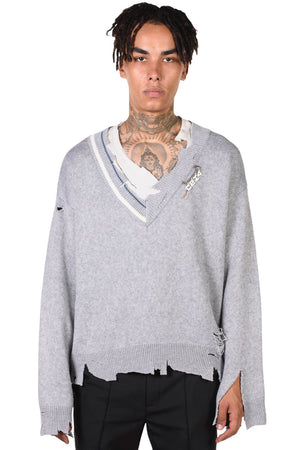 Distressed Knit Layered Sweater Grey