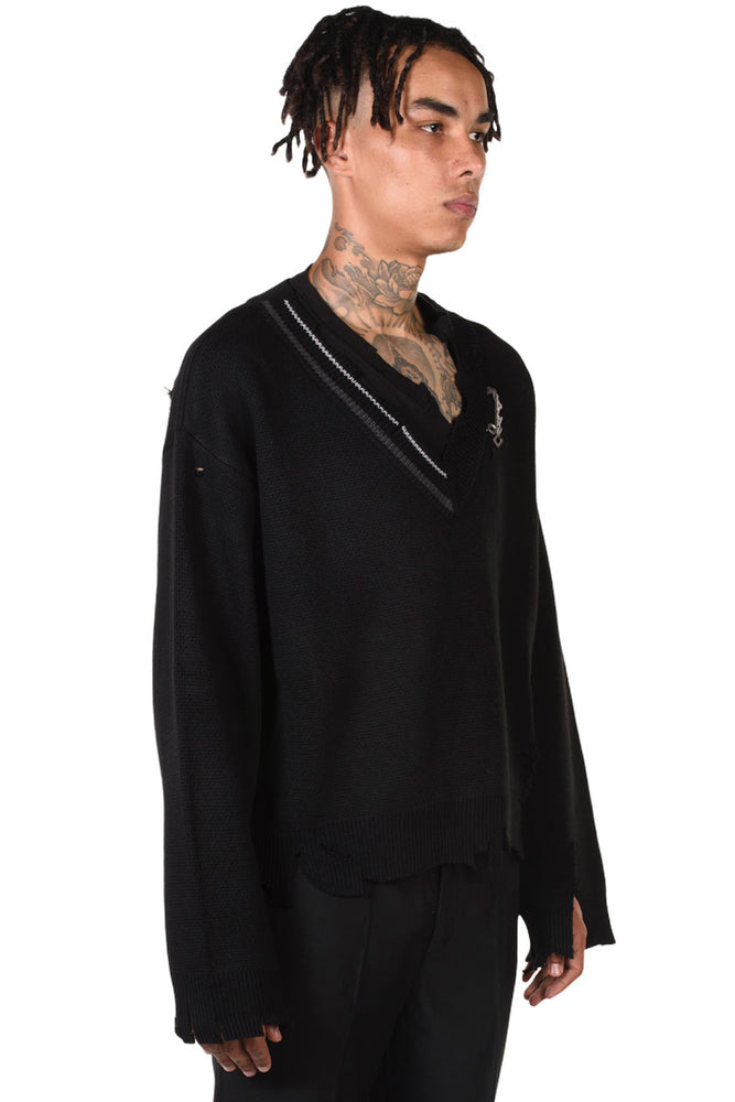 C2h4 Distressed Knit Layered Sweater Black