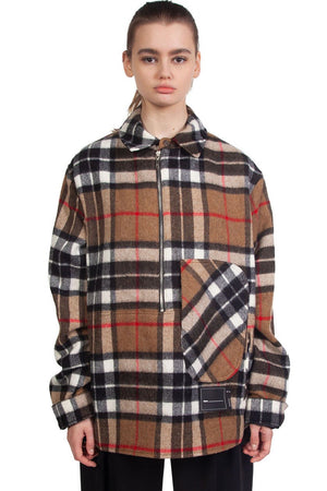 We11done Brown Wool Check Half-Zip Shirt