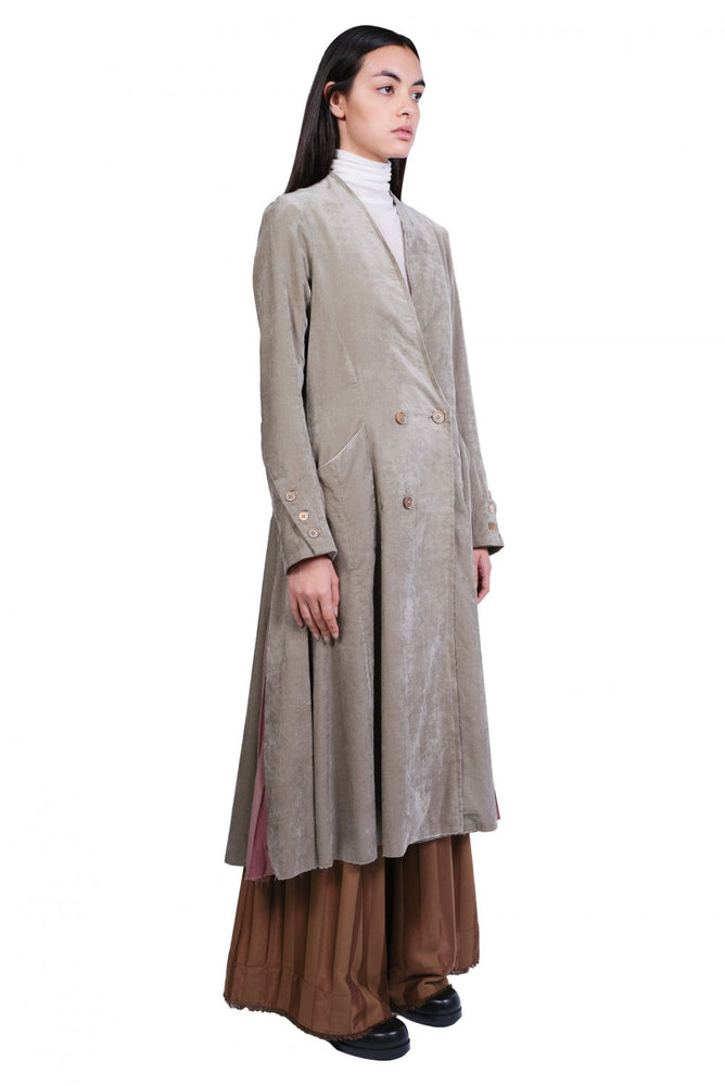 A Tentative Atelier Collarless Flared Patch Stripe Coat