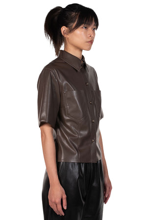 Nanushka Brown Vegan Leather Sabine Short Sleeve Shirt