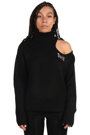 C2H4 Off-Shoulder Arc Knitted Distressed Sweater