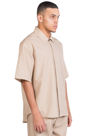 Lownn Beige Printed Wool Short Sleeve Shirt