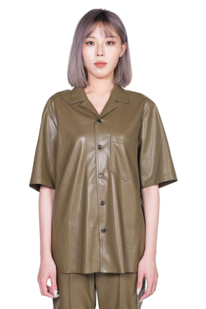 Nanushka Mayra Vegan Leather Short-Sleeve Shirt Olive