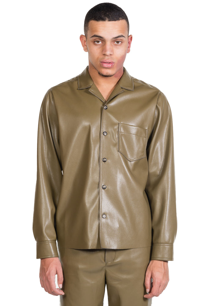 Nanushka Meno Vegan Leather Long-Sleeve Shirt Olive