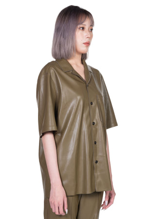 Nanushka Mayra Vegan Leather Short-Sleeve Shirt Olive