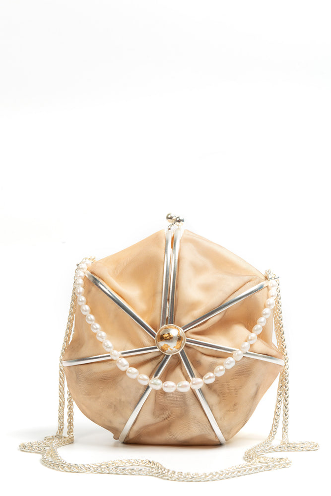 Peng Tai White Silver Satin Umbrella Purse
